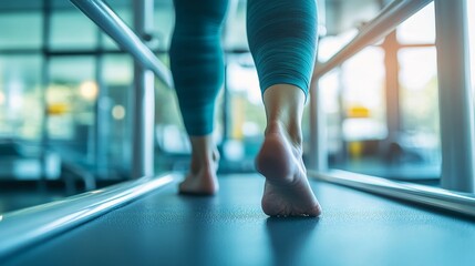 Barefoot person walking on teal treadmill, rails visible.