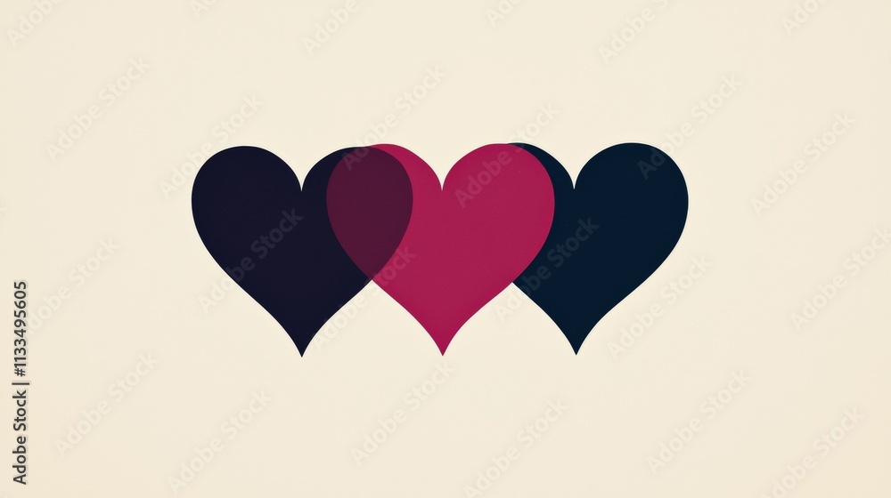 Poster three overlapping hearts, two dark blue and one magenta in the center, create a gradient effect on a