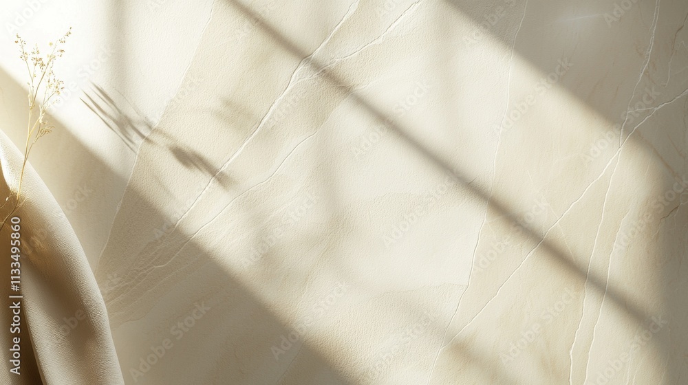 Poster sunlight is casting shadows of window frame and dried flower arrangement on beige textured wall, cre