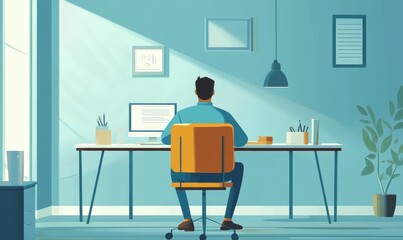 Person working at desk, sunlit room, minimalist design.