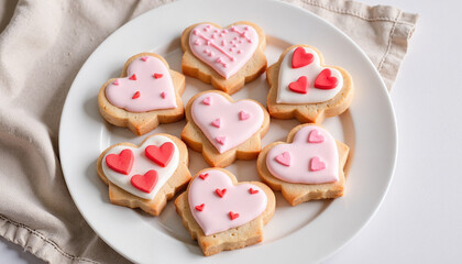 Heart-shaped cookies with pink and red icing on white plate