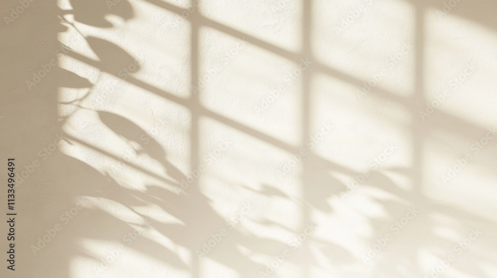 Poster sunlight streaming through a window casts captivating leaf shadows on a textured wall, creating a se