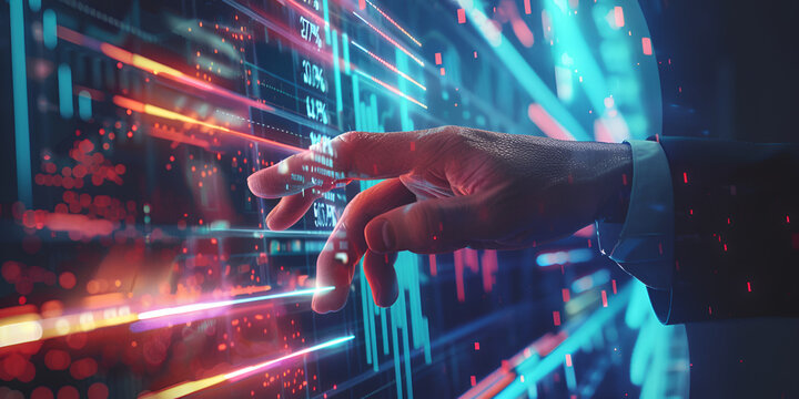 Hand navigating financial data on holographic screen | Technology and business insights concept