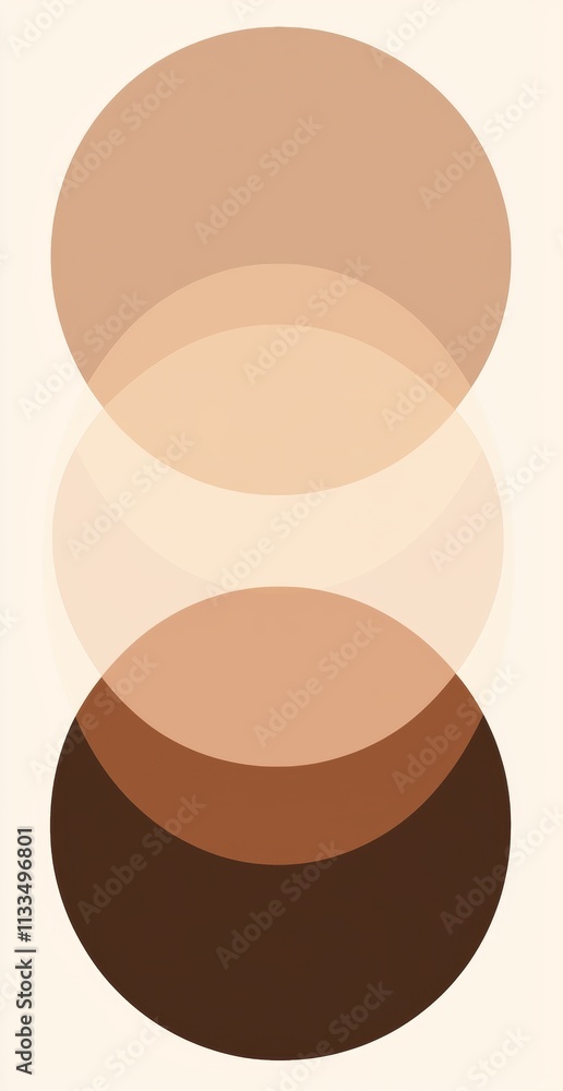 Poster vertical arrangement of overlapping circles in shades of brown and beige forming a gradient effect, 