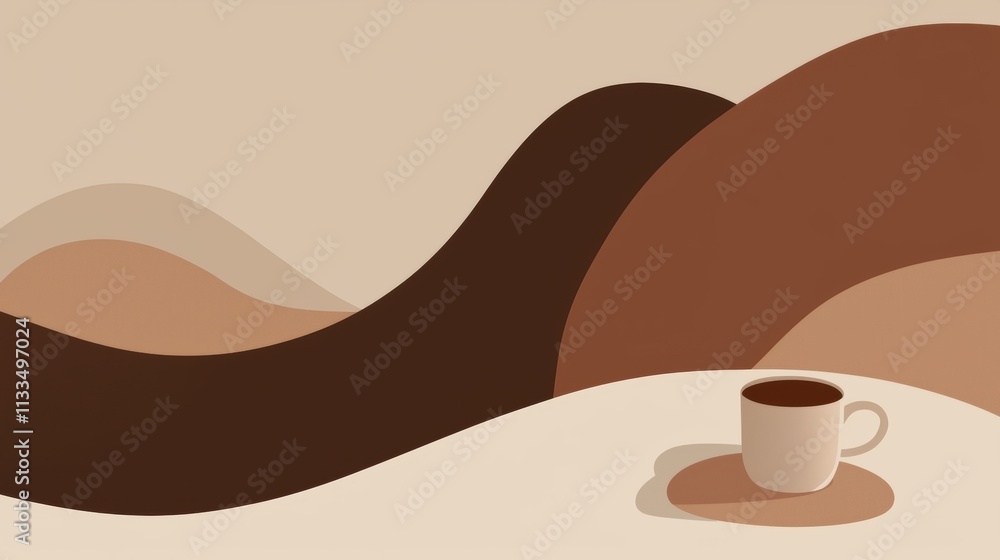 Poster minimalist vector illustration featuring a coffee cup sitting on a table against a backdrop of abstr