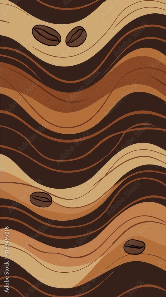 Poster coffee beans are floating on an abstract wavy brown background creating a visually appealing design 