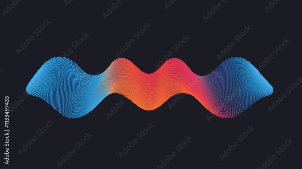 Poster digital soundwave flowing with gradient from blue to red and vibrating on a black background, creati