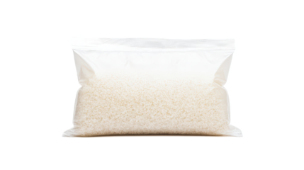 Transparent bag filled with uncooked white rice isolated on white