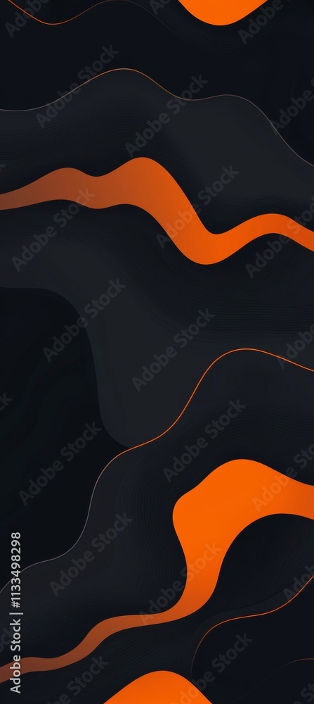 Poster smooth, undulating lines in vibrant orange against a deep black backdrop create a dynamic and visual