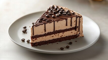 Creamy coffee-flavored cake slice, beautifully decorated with chocolate ganache dripping down the sides and topped with roasted coffee beans, served on a simple gray plate