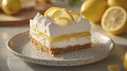 Lemon dessert square on plate, garnished with lemon slices and meringue.
