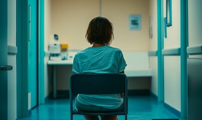 Person sits alone, waiting in a teal hallway.