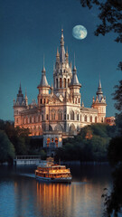 Fototapeta premium Majestic castle illuminated by moonlight with a boat cruising on a serene waterway at dusk