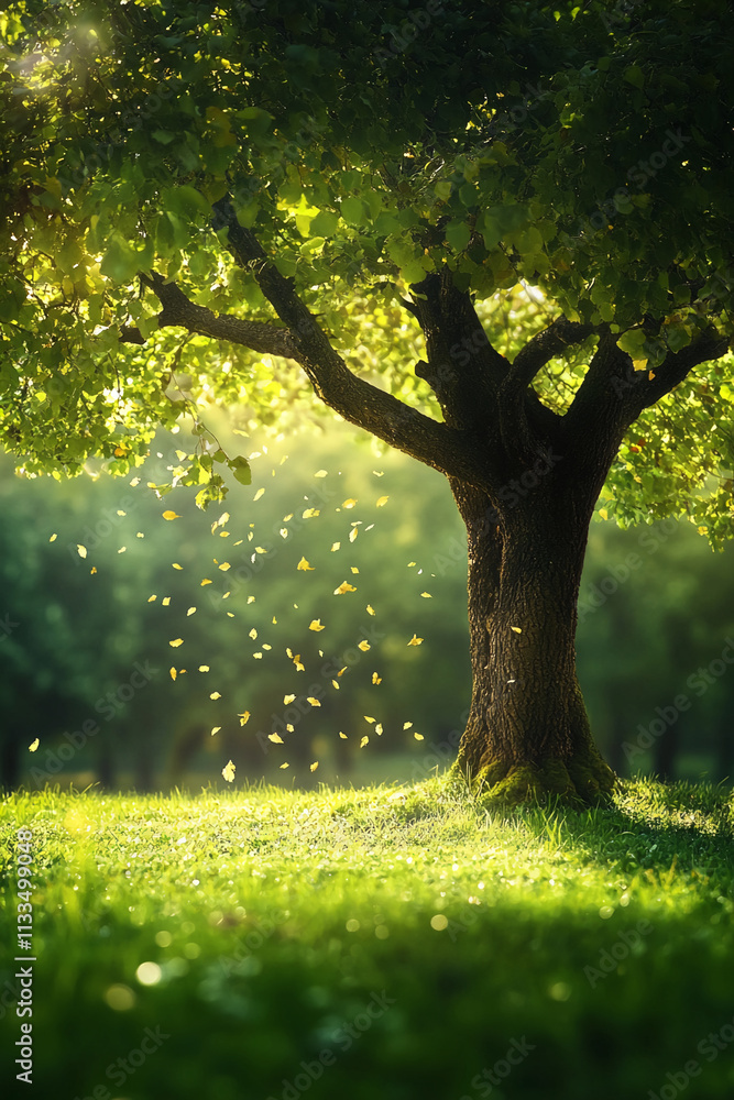 Poster beautiful scene of sunlight filtering through a lush green tree with drifting leaves in a serene par