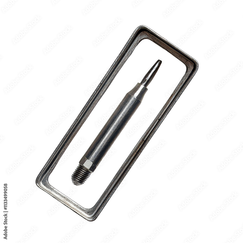 Poster a single silver screwdriver bit placed neatly inside a toolbox on a clean png surface for easy acces