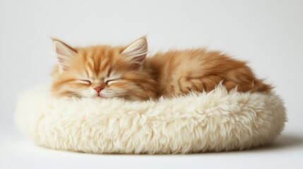 Adorable Ginger Kitten Napping Peacefully in a Fluffy Bed