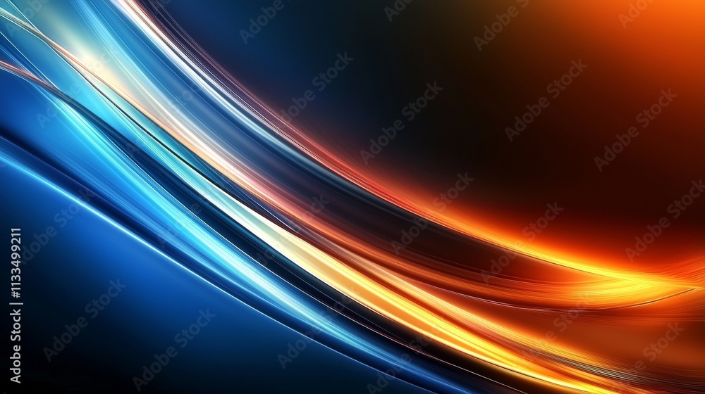 Poster smooth elegant blue and orange light trails flow across a dark background, creating a dynamic and en