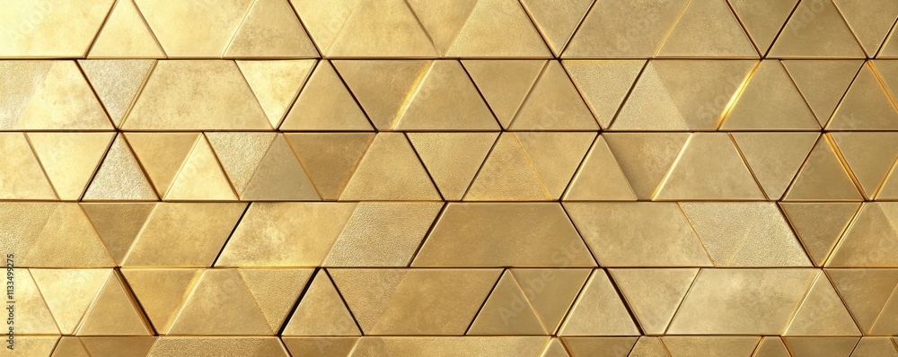 Poster glossy, gold mosaic tiles arranged in the shape of a wall. 3d, luxurious, bullion stacked to create 