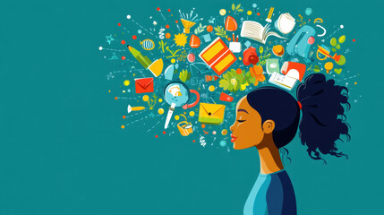 A woman with a calm expression stands in profile against a vibrant background filled with colorful symbols representing creativity. Various icons depict different ideas and inspiration.