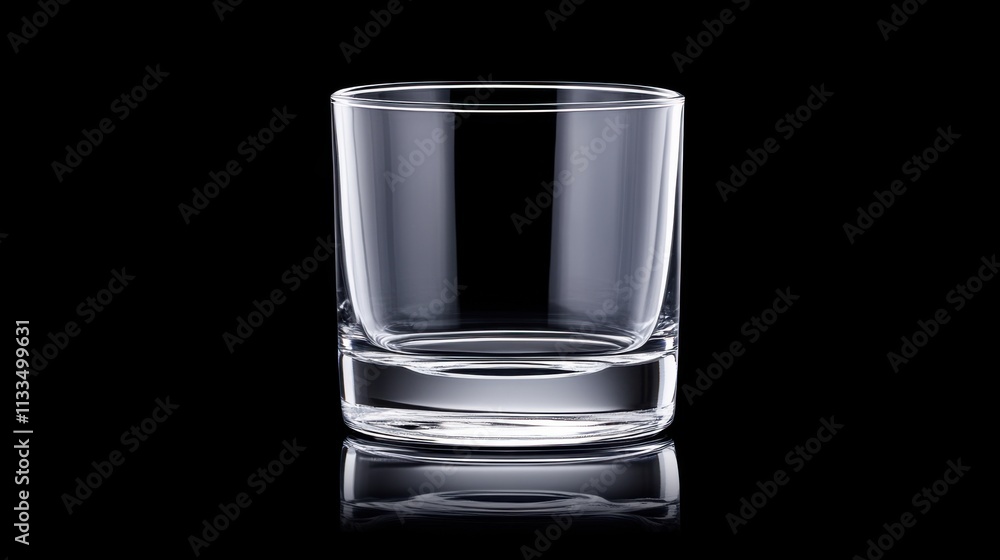 Poster clear empty glass on reflective surface isolated on black background with elegant design and perfect