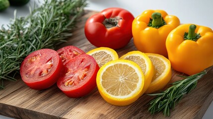 Vibrant Vegetables and Citrus Slices on Wooden Board