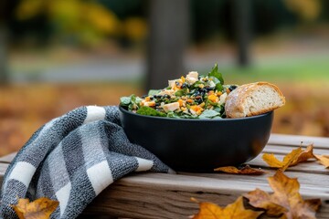 outdoor dining experience, picnic spread of salads and artisan breads on a rustic wooden bench, surrounded by autumn leaves and warm colors