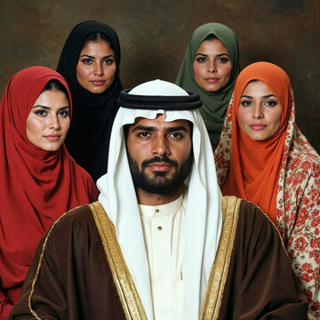 Beautiful arab middle-eastern women with traditional abaya dress and middle easter man wearing kandora in studio - Group of arabic muslim adults portrait in Dubai, United Arab Emirates