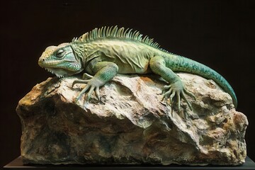 Obraz premium Green iguana resting on rock, majestic reptile in natural habitat