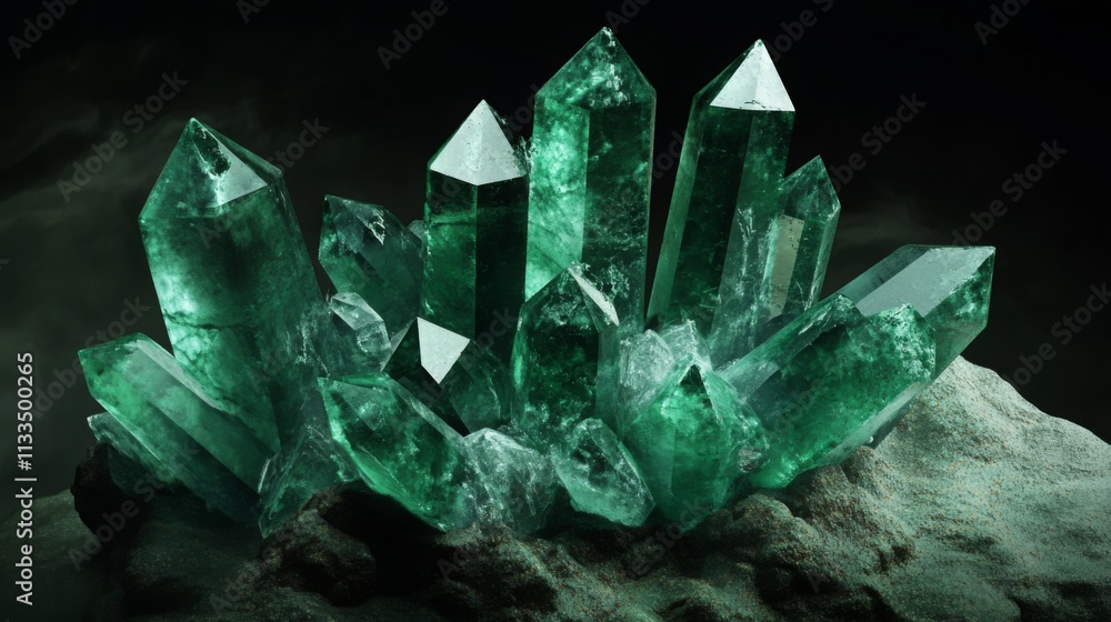 Aufkleber nature showcases a stunning arrangement of emerald crystals, displaying vibrant green hues and sharp