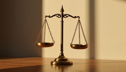 Elegant vintage brass scales of justice in warm light on a wooden surface, symbolizing balance