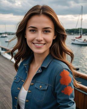 Retrato mujer joven sonriendo con una chaqueta vaquera en un embarcadero con unos yates y el mar de fondo