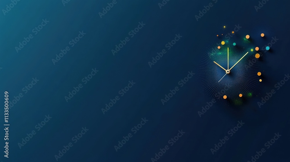 Poster abstract clock design with colorful dots on dark blue background.