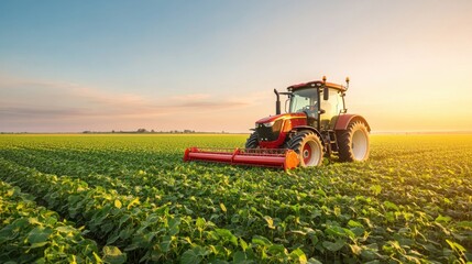 Modern red tractor working on lush green soybean field during golden hour sunlight at sunrise or sunset