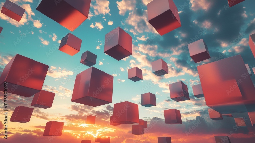 Poster abstract cubes floating in a colorful sky