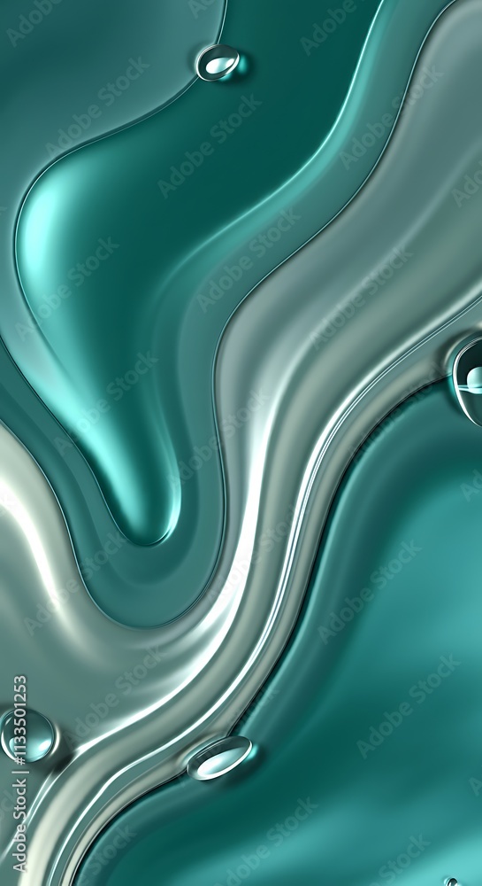 Poster abstract teal waves flow smoothly glossy metallic liquid curves with smooth texture.
