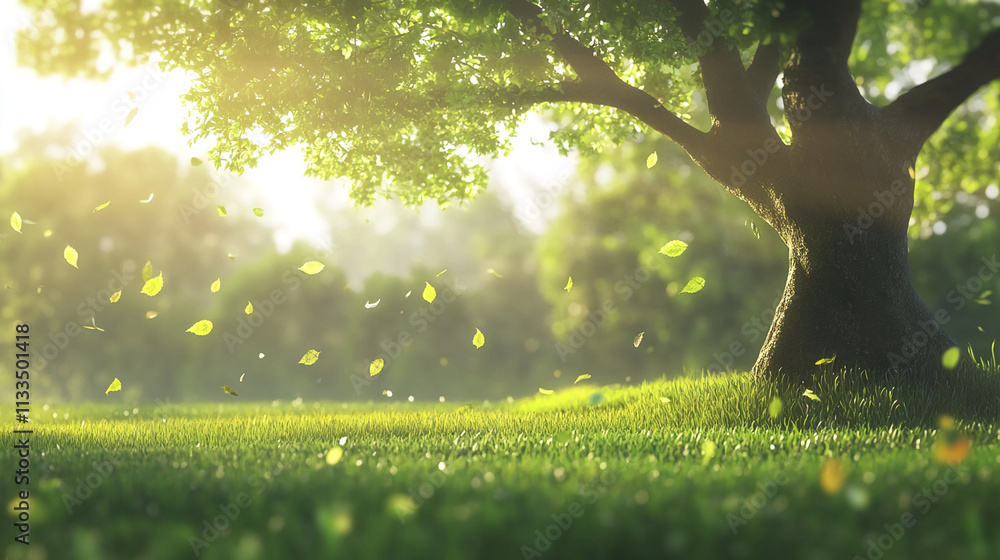 Poster Sunlight filters through the leaves of a large tree in a tranquil green meadow during a serene morning