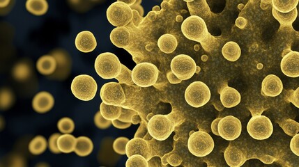 A highly detailed close-up view of yellow spherical bacteria cells, offering a fascinating look at microscopic life. The vibrant colors and intricate patterns showcase the complexity of biological