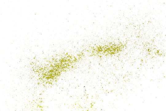 Pumpkin seed protein flour flying, isolated on white, clipping	