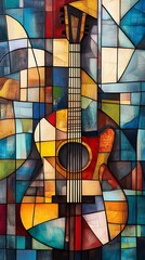 Fototapeta premium Colorful guitar illustration with geometric cubist elements picture