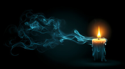 Fototapeta premium A single candle flame flickers brightly through a wisp of smoke against a dark background. Wisp. Illustration