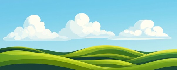 Obraz premium Fabulous minimalist landscape with wavy green fields against white clouds and blue sky