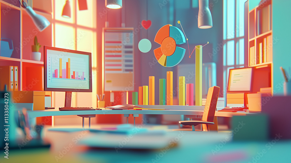 Poster stylized 3d render of a vibrant office interior showing computer screens displaying colorful charts,