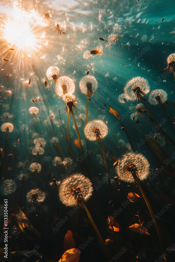 Aufkleber dandelion seeds floating beneath the water's surface with rays of sunlight illuminating the scene