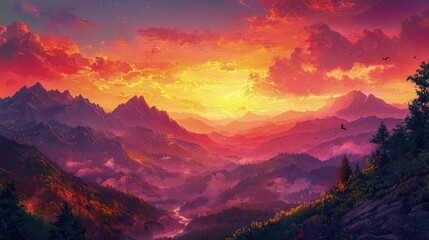 Obraz premium Vibrant sunset over majestic mountain range with valley, river, and forest.