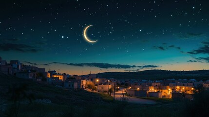 Ramadan theme crescent moon and stars shine brightly in the sky above the peaceful village, the houses are warmly lit background wallpaper AI generated image