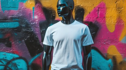 Black mannequin wearing a white t-shirt against a graffiti wall.