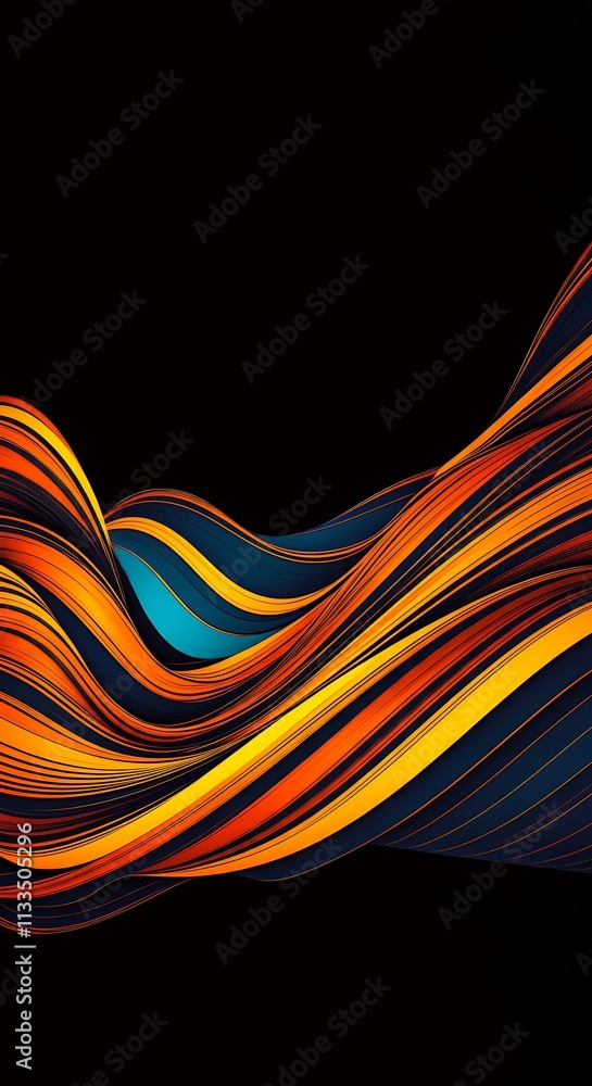 Poster dynamic orange waves flow abstractly against a dark blue black background. striped lines create flow