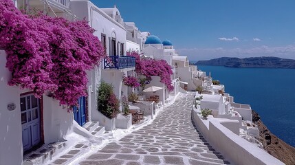 Obraz premium A street with a blue balcony and a white house with a blue door