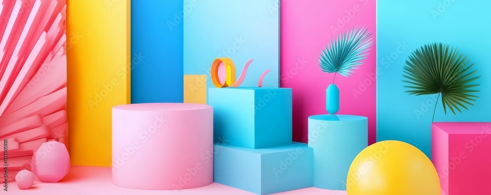 Poster multicolored tech background with a geometric 3d structure. vibrant, minimal design with simple futu