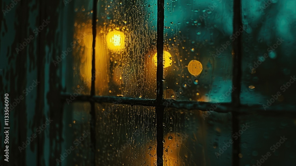 Poster raindrops on a windowpane with blurred lights in the background create a moody atmosphere.